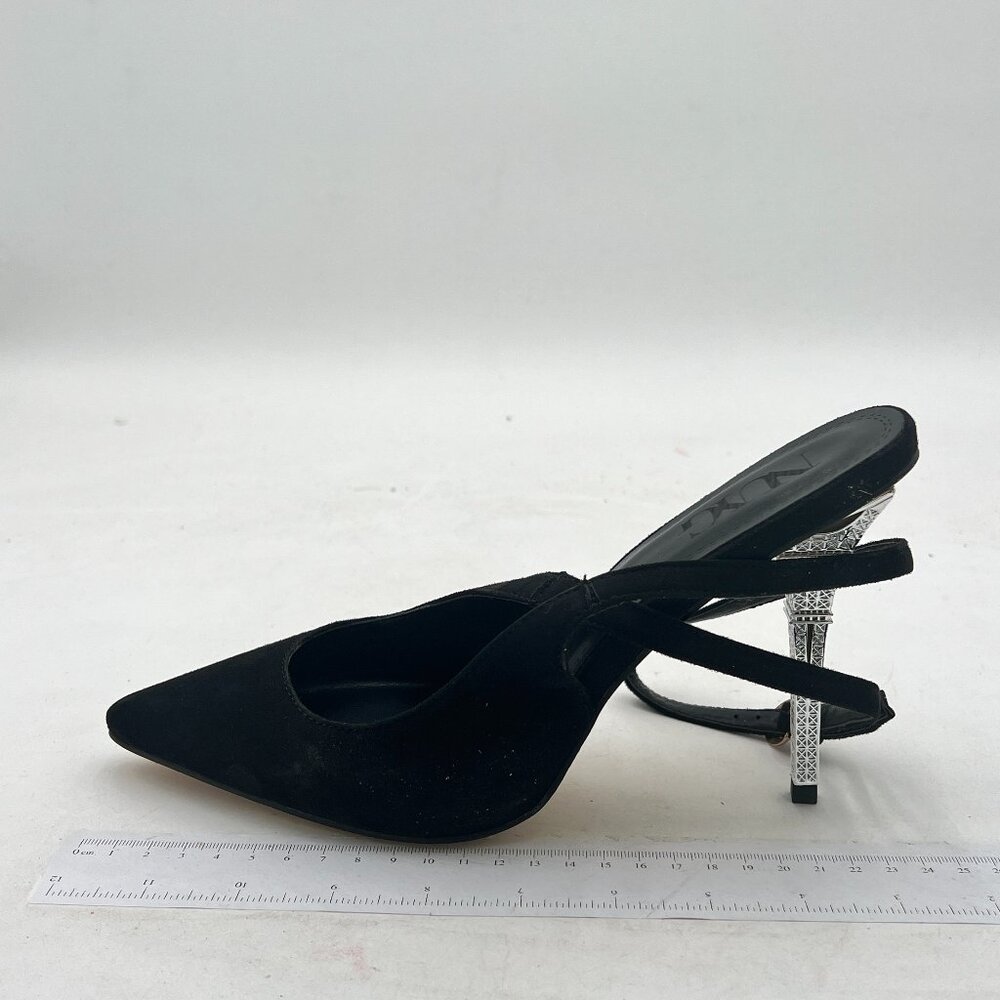Black Suede Pointed Toe Slingback Slip On Pump High Heel Elastic Strap Prom Shoe